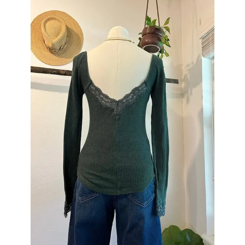 Free People To The West Green Henley Long Sleeve Lace Top Size XS